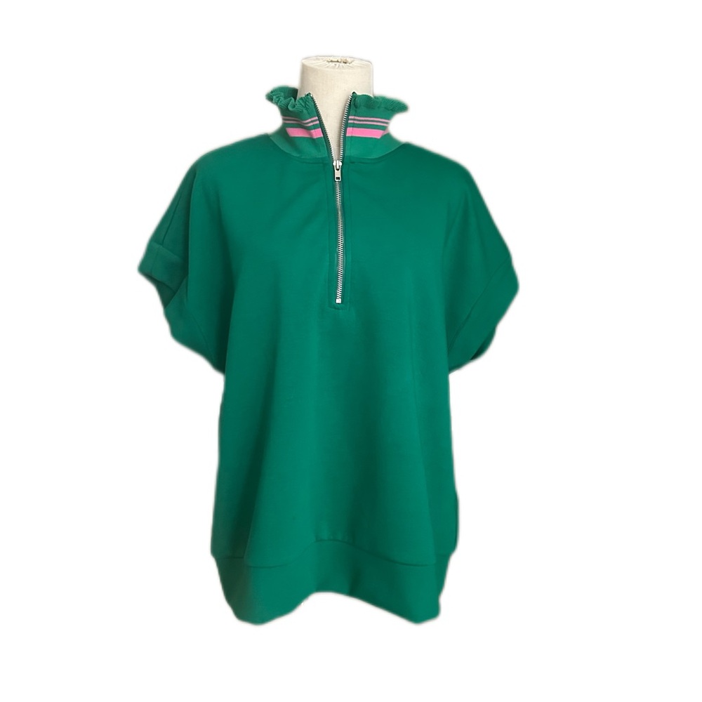 Umgee Half Zip Pullover Top Green Pink Striped Collar Oversized Large - Picture 1 of 11
